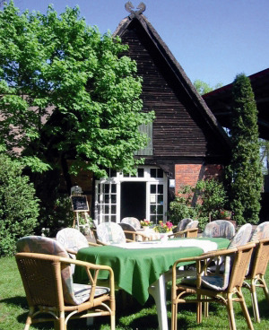 Gartenansicht mit sommerlich gedecktem Tisch und Stühlen