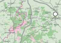 Eine Karte des Gebiets der Lüneburger Heide. Die Strecke der Heide-Kunst-Tour ist eingezeichnet.