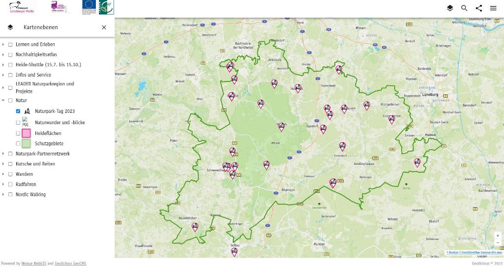 Kartenausschnitt: Naturpark Lüneburger Heide. Übersichtskarte mit Aktionen zum Naturpark-Tag am 11. November 2023.